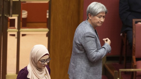 Senator Fatima Payman and Leader of the Government in the Senate and Minister for Foreign Affairs Penny Wong during Question Time at Parliament House in Canberra on Thursday 16 May 2024