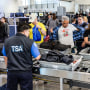 People place their items into bins in line at the airport with TSA