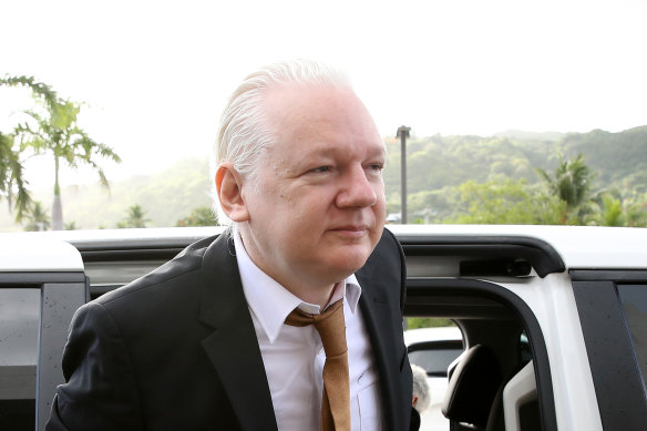 Julian Assange arrives at the US District Court for the Northern Mariana Islands in Saipan for his historic plea deal.