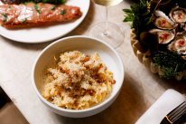 Whiting parma (top left) and campanelle pasta carbonara with house-cured kingfish collar (centre).