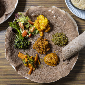 Go-to dish: Beyaynetu vegan platter on injera.