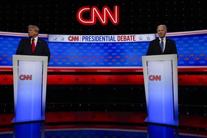 President Joe Biden, right, and RepPresident Joe Biden, right, and Republican presidential candidate former President Donald Trump, left, stand during break in a presidential debate hosted by CNN, Thursday, June 27, 2024, in Atlanta. ublican presidential candidate former President Donald Trump, left, stand during break in a presidential debate hosted by CNN, Thursday, June 27, 2024, in Atlanta. (AP Photo/John Bazemore)