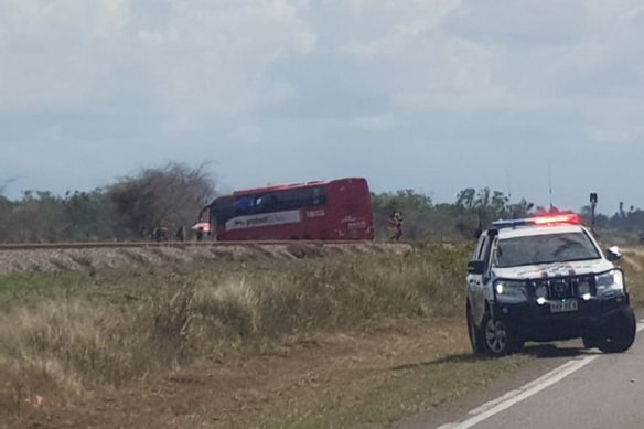 Images on social media show the bus on the rail tracks (left of picture).