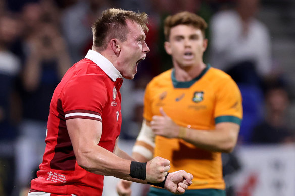 LYON, FRANCE - SEPTEMBER 24: Nick Tompkins of Wales celebrates scoring his team’s second try during the Rugby World Cup France 2023 match between Wales and Australia at Parc Olympique on September 24, 2023 in Lyon, France. (Photo by Alex Livesey/Getty Images)