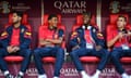 Qatar Airways branding is seen in the Spain dugout during the tournament.