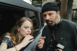 Emma Stone and director Yorgos Lanthimos on the set of Kinds of KIndness. 