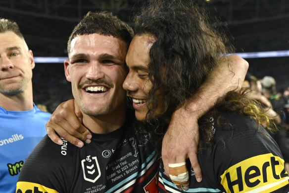Nathan Cleary and Jarome Luai celebrate victory in last year’s grand final, their third straight premiership win together.