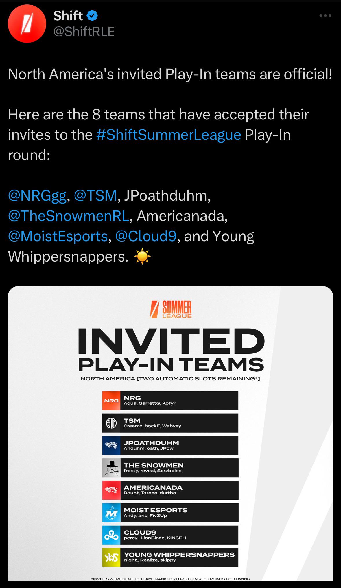 r/RocketLeagueEsports - Shift Summer League North American Play-In invites revealed | Shift