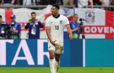 Jude Bellingham gestures to his crouch after scoring the equaliser for England against Slovakia. 