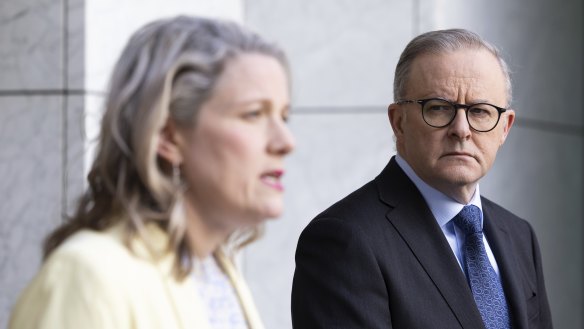 Minister for Home Affairs and Minister for Cyber Security Clare O’Neil and Prime Minister Anthony Albanese during a press conference at Parliament House in Canberra on Friday 23 June 2023. fedpol Photo: Alex Ellinghausen
