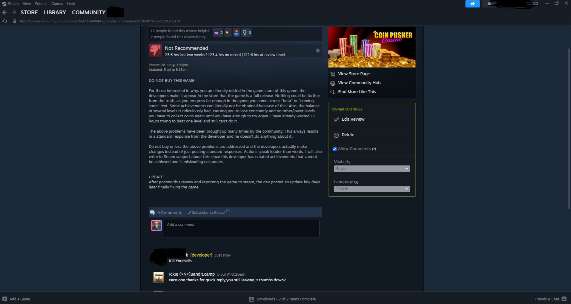 r/Steam - I just got told to Kill myself from the game dev after posting an honest (bad) review