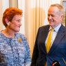 An unusual pairing … Pauline Hanson with Bill Shorten in his ministerial office.