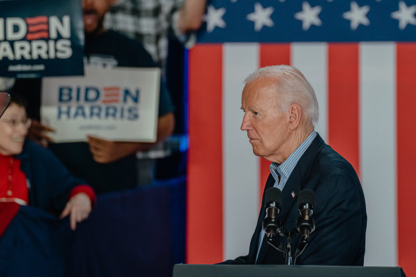 President Joe Biden speaks during a campaign event at Sherman Middle School in Madison, Wisconsin. 