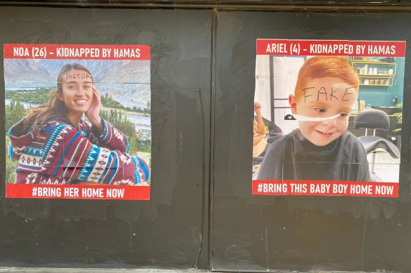 Posters of Israeli civilians abducted by Hamas were defaced in Inkerman Street, St Kilda East.