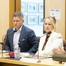 From left: Nine CEO Mike Sneesby; Beverley McGarvey, Paramount Executive Vice President; Greg Hywood, Free TV Australia chair; and former Seven West Media CEO James Warburton during a hearing in Canberra in February.