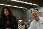 University of NSW professor Veena Sahajwalla and RenewIT chief executive James Lancaster in his warehouse of old office equipment.