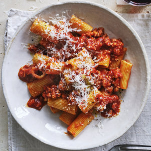 Combine all the ragu ingredients in a pot and simmer for an hour.