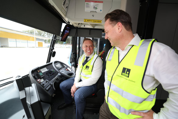 Premier Steven Miles and Lord Mayor Adrian Schrinner In the driver’s seat of a public transport revolution in the southeast with extra state governemnt funds for buses.