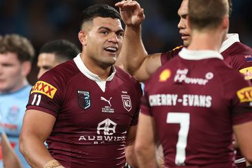 David Fifita reacts to a Queensland try.