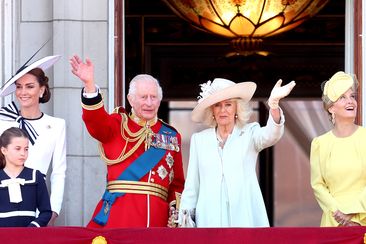 Prince George of Wales, Prince William, Prince of Wales, Prince Louis of Wales, Catherine, Princess of Wales, Princess Charlotte of Wales, King Charles III, Queen Camilla, Sophie, Duchess of Edinburgh, Prince Edward, Duke of Edinburgh and Lady Louise Windsor on the balcony during Trooping the Colour at Buckingham Palace on June 15, 2024 in London, England. 