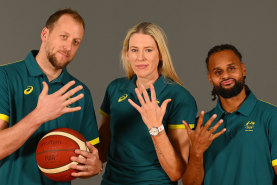 Joe Ingles, Lauren Jackson and Patty Mills pose after being selected for their fifth Olympics. 