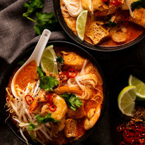 Speedy prawn and noodle laksa with tofu puffs.