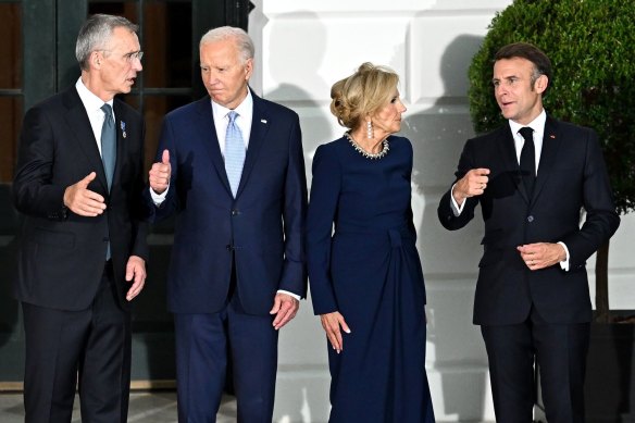 Jens Stoltenberg, secretary general of the North Atlantic Treaty Organization (NATO), from left, US President Joe Biden, First Lady Jill Biden, and Emmanuel Macron, France’s president, during an arrival ceremony at the South Portico of the White House.