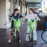 Siblings  Jack 10, and Sophie 12, using lime bikes to explore Sydney, in Oxford st in Paddington,  Wednesday 10th of July 2024. Photo: Dion Georgopoulos / The Sydney Morning Herald