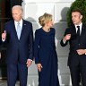 Jens Stoltenberg, secretary general of the North Atlantic Treaty Organization (NATO), from left, US President Joe Biden, First Lady Jill Biden, and Emmanuel Macron, France’s president, during an arrival ceremony at the South Portico of the White House.