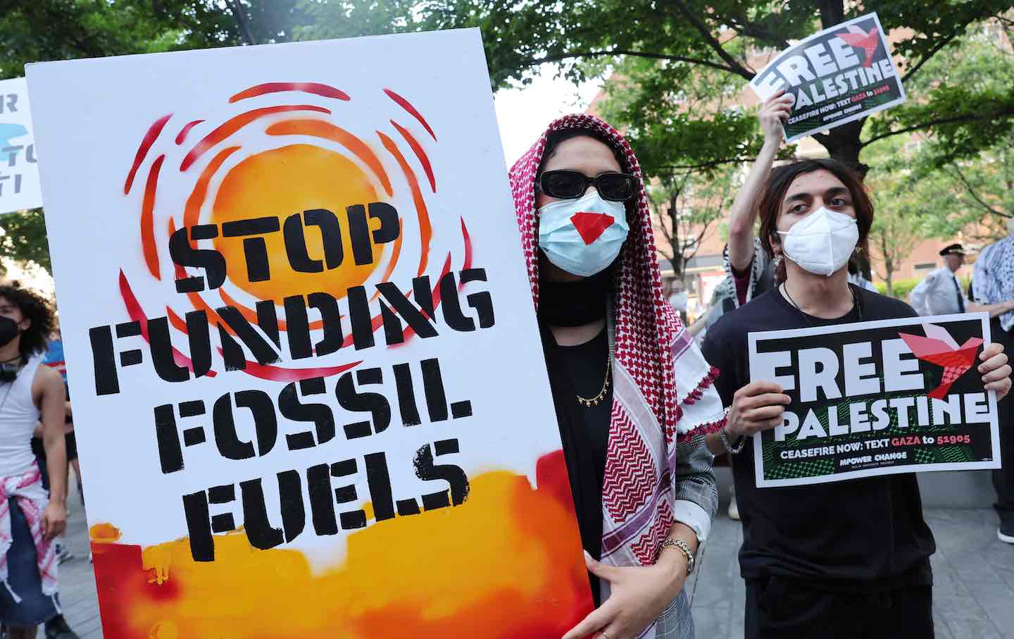 People participate in a “Climate Justice Means Free Palestine!” rally outside of the Citibank headquarters on June 18, 2024, in New York City.