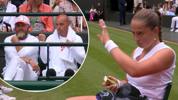 Jelena Ostapenko dramatically banished her own coach from  during her Wimbledon quarter-final match against Barbora Krejcikova.