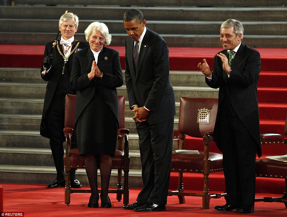 Barack Obama, bows slightly next to Speaker of the House of Commons John Bercow (right) and The Lord Speaker Baroness Hayman (second left) after finishing his speech to members of British Parliment inside Westminster Hall in 2011