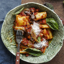 Pasta with roasted shallot, chorizo and tinned tomato sauce