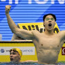 Qin Haiyang celebrates his 2023 world championship win against Australia’s Zac Stubblety-Cook in the men’s 200m breaststroke.