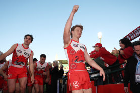 Callum Mills waves to the fans after Saturday’s win.