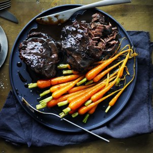 Neil Perry’s braised beef cheeks with baby carrots.