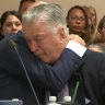 Actor Alec Baldwin reacts after the judge threw out the involuntary manslaughter case for the 2021 fatal shooting of cinematographer Halyna Hutchins.