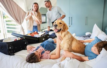 Two children playing with their family dog on a bed with their parents unpacking suitcaseduring a vacation together