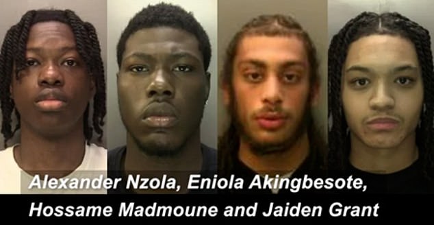 Alexander Nzola, 21, (pictured first) Jaiden Grant, 19, (pictured fourth), Eniola Akingbesote, 21,(pictured second) and Hossame Madmoune, 19, (pictured third) either produced weapons or kicked him before they all fled