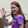 Catherine, Princess of Wales, waves as she makes a rare public appearance.