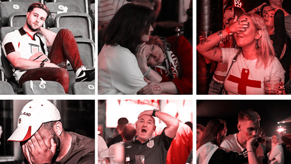 England soccer fans react after their team was beaten by Spain.