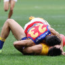 Charlie Cameron has been suspended for three weeks for this tackle on West Coast’s Liam Duggan.