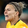 Steph Catley celebrates after scoring the first goal for Australia at the World Cup against Ireland.