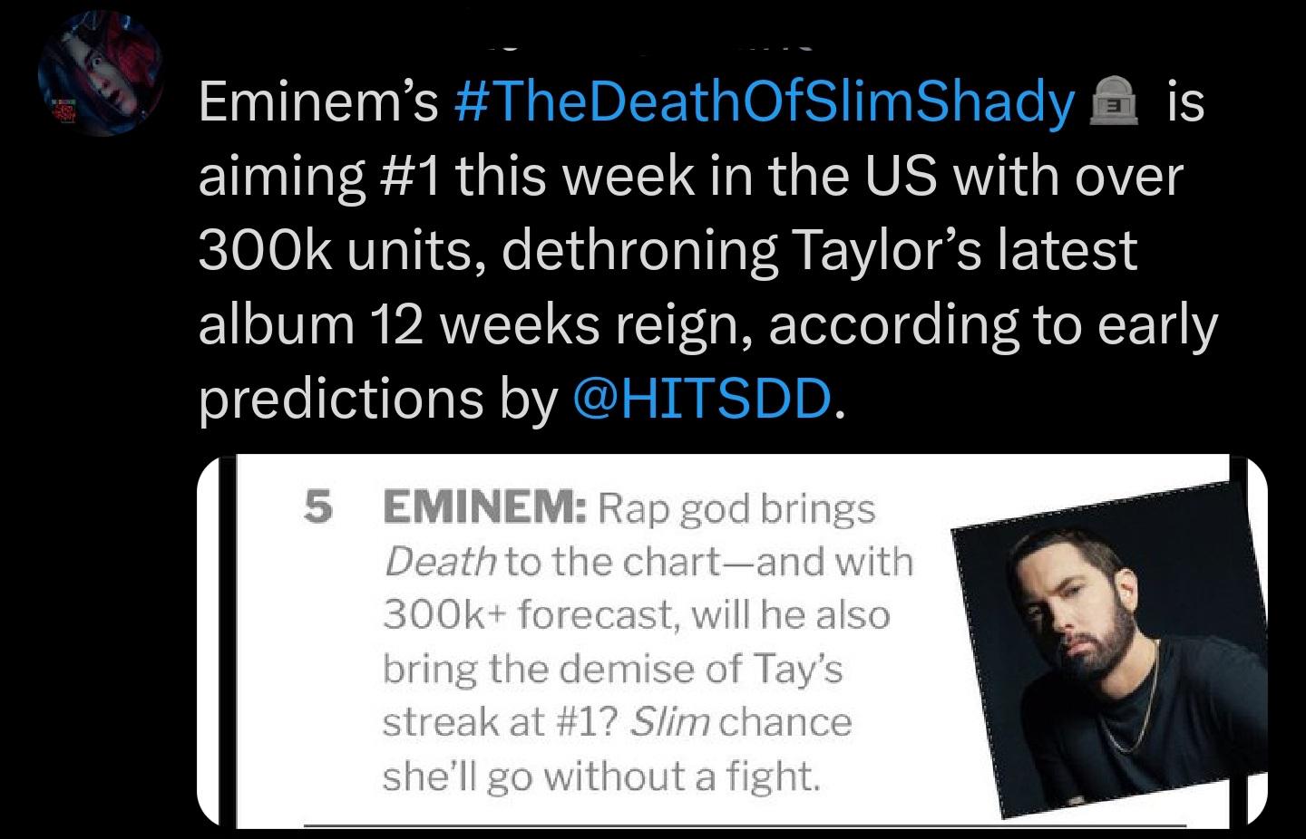 r/travisandtaylor - The Death Of Slim Shady is aiming at #1 in US, dethroning Taylor Swift's 12 week reign. 