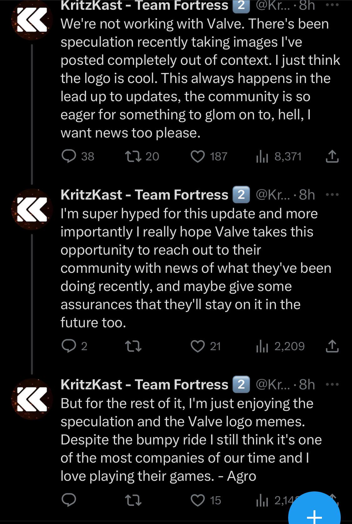 r/tf2 - Turns out the kritzcast stuff was because they…”liked the valve logo.” Kinda annoying they would purposefully post stuff that made it looks like a hint only for it to be engagement bait :/