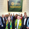 Football Australia chief executive James Johnson and Natalie Lutz, FA’s since-departed head of professional football and competitions, with representatives of the second division’s eight foundation clubs.