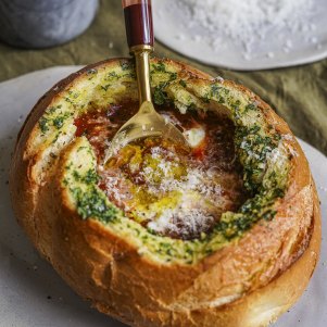 Canned tomato soup is elevated to new heights in this version, served inside a garlic-buttered cob loaf.