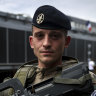 A French soldier at a military camp set up in the Vincennes woods, just outside Paris, housing troops used for Paris security.