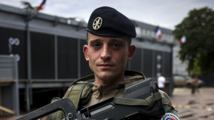 A French soldier at a military camp set up in the Vincennes woods, just outside Paris, housing troops used for Paris security.