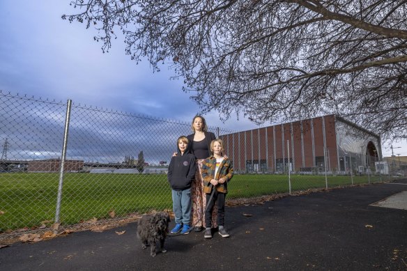 West Melbourne mother of two Mary Masters is concerned that with a single developer likely to take on the Arden Precint project, essential services such as schools or parks are at risk unless strict rules are in place or sites are set aside by the government.
Pictured with sons Gideon, 8, and Rupert, 6 and dog Maeby.